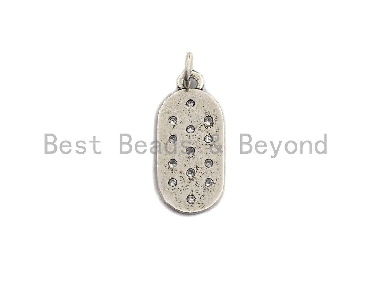 CZ Micro Pave Flat Oval Pendant, Antique Silver Tone, Clear Cubic Zirconia Big Pave Oval Charm Pendant, 9x21mm,sku#F1014C