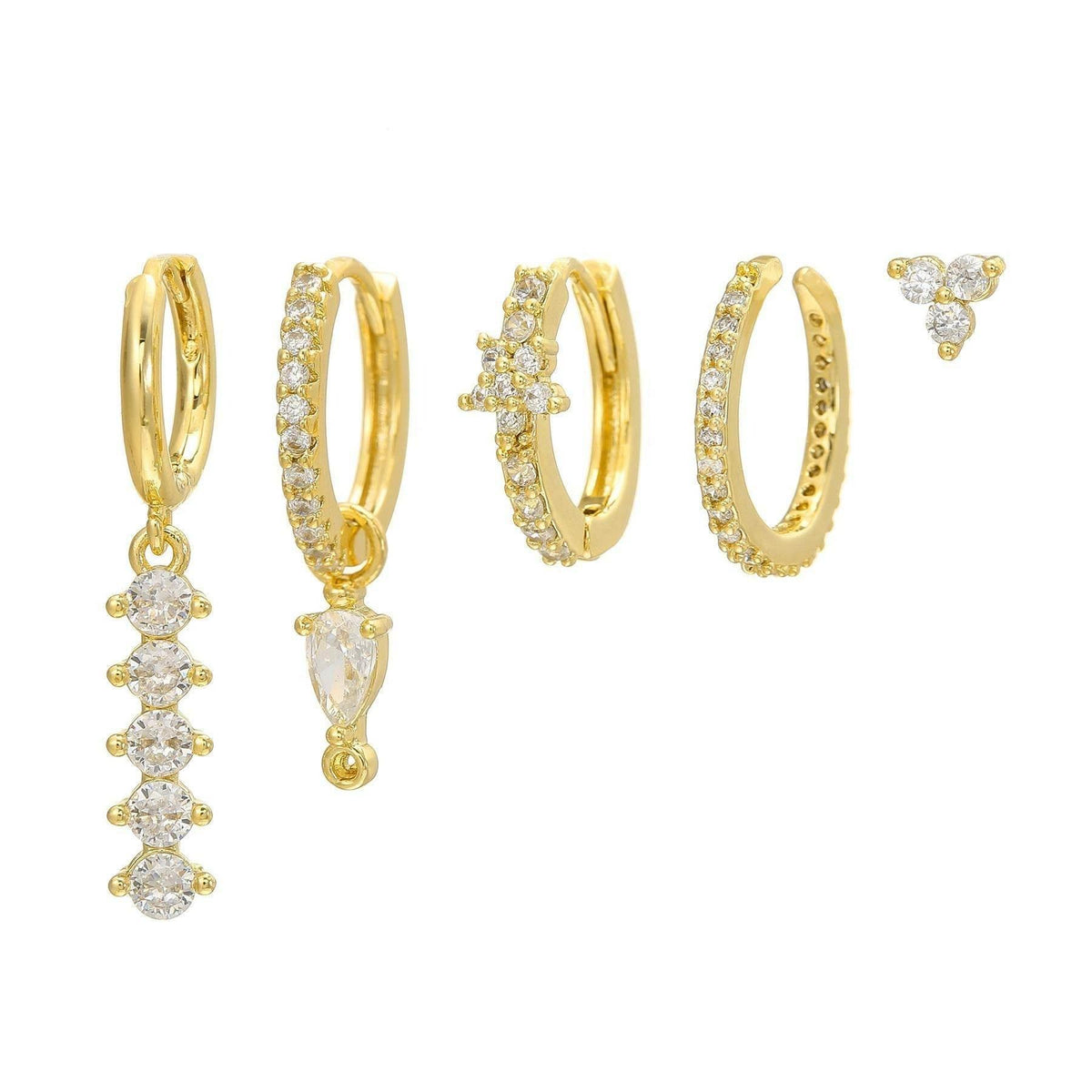 Stacking 5 Pieces Simple Clover Single-Row Serrated Ear Cuff Earring Set, 18k Gold-Plated  Teardrop Zircon Earrings, S925 Needle