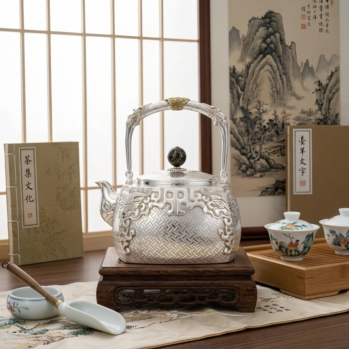 Pure 999 Fine Silver Elegant Handcrafted Silver Teapot Featuring Intricate Basketweave Texture and Traditional Oriental Filigree Accents - Handicraft