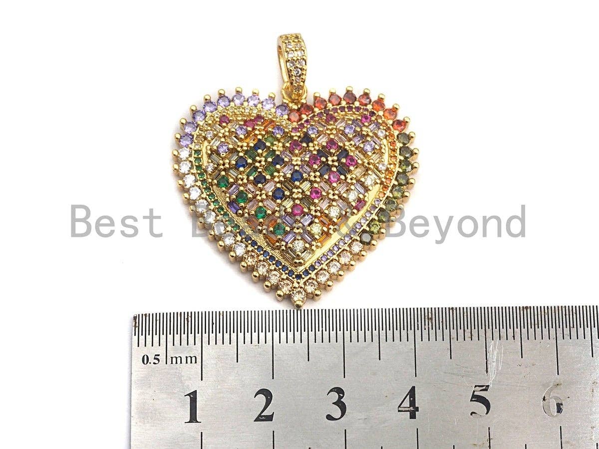 CZ Colorful Micro Pave Heart Gold With Baguette CZ Filigree Pendant, Heart Shaped Pave Pendant, Gold plated, 36x36mm, Sku#F948