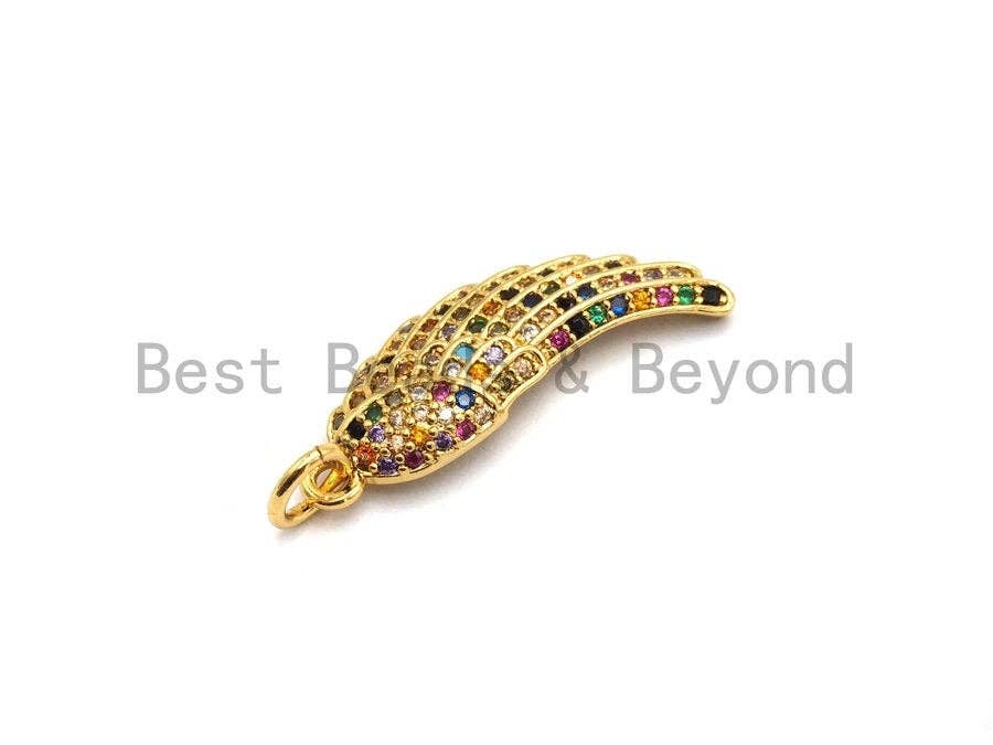 CZ Colorful Micro Pave Angel Wing Pendant, Angel Wing Shaped Pave Pendant, Gold plated, 8x23mm, Sku#F726