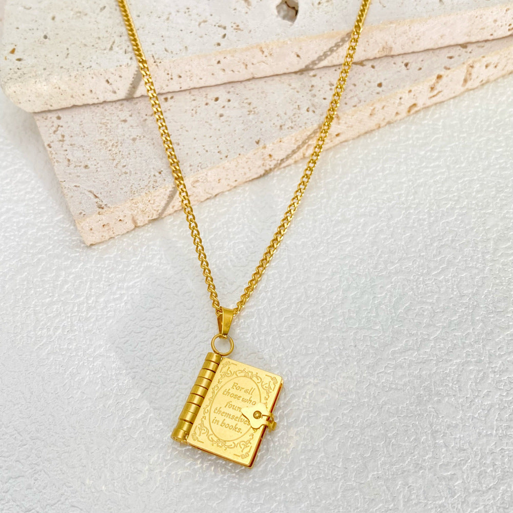 European And American 18k Gold plated Stainless Steel Openable Book Pendant Necklace