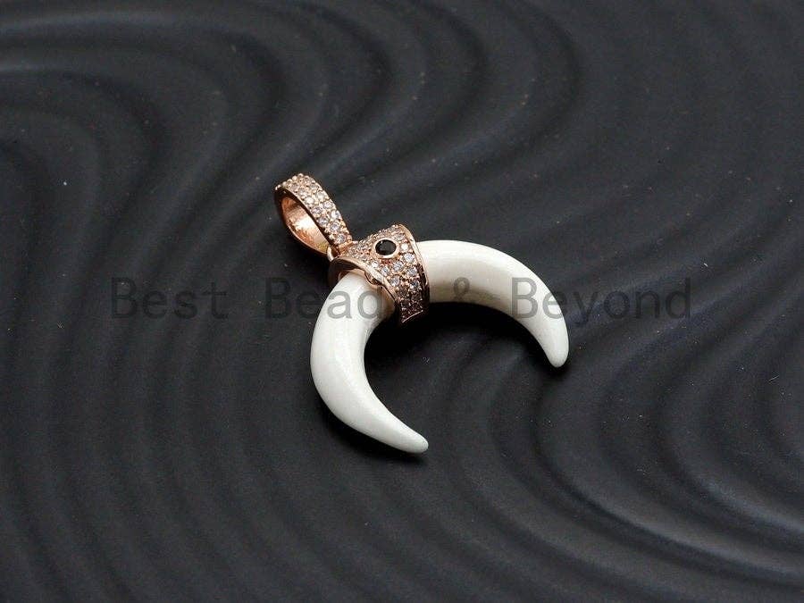 CZ Micro Pave With Ivory OX Horn Pendant ,Gold/Silver/Black/Rose Gold ,Cubic Zirconia Jewelry Findings,25x27mm,sku#F702