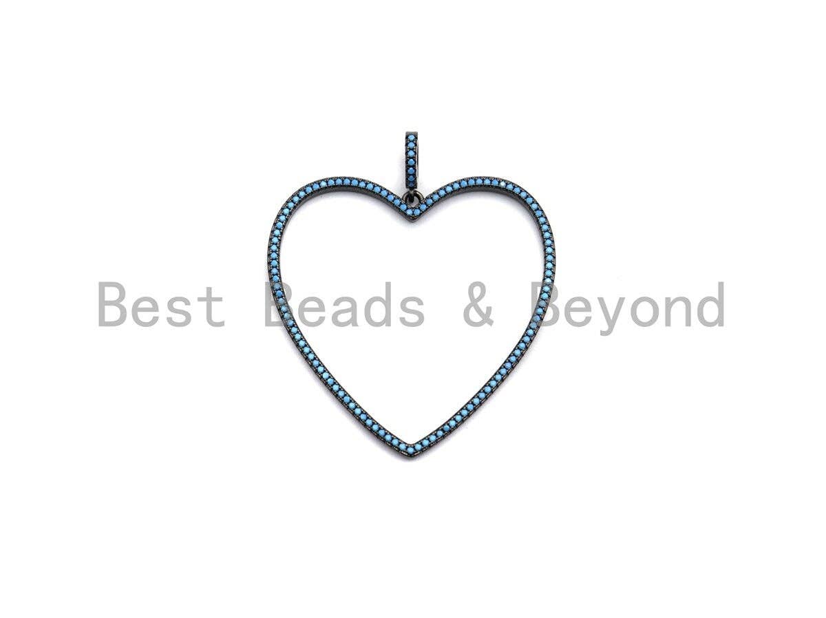 Colorful CZ Micro Pave Large Hollow out Heart Pendant, Black/Turquoise/Cobalt/Fuchsia CZ Pave Heart Pendant, 43mm, sku#X110