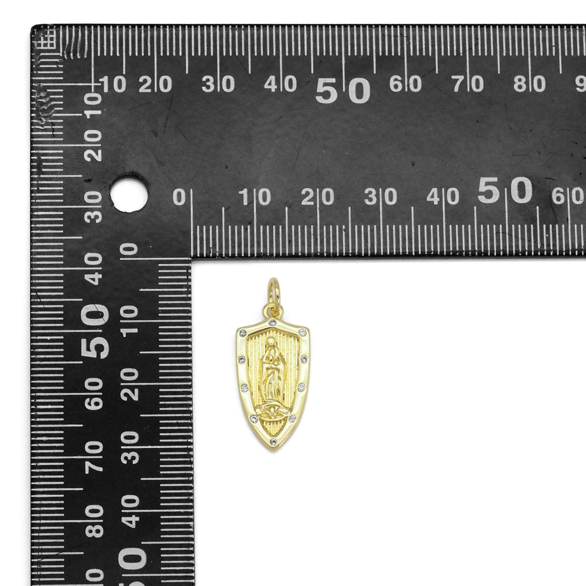 Clear CZ Gold Virgin Mary On Shield Charm, Sku#LX367