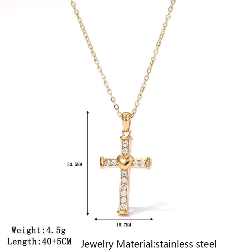Stainless Steel Inlaid Rhinestone Heart-shaped Cross Pendant Necklace