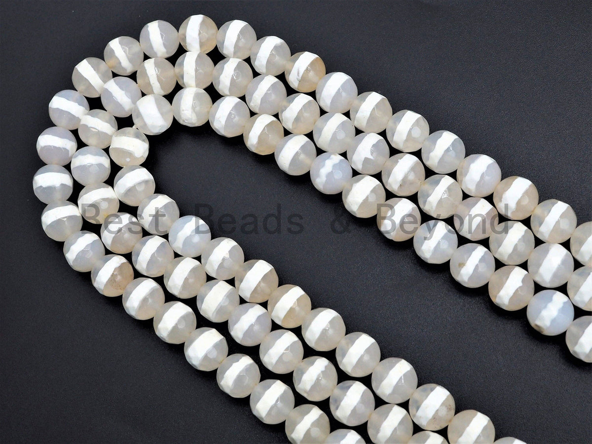 Quality White Cream Agate beads, Round Faceted One Line ,6mm/8mm/10mm, Dzi Beads, Tibetan beads, 15.5inch strand, SKU#U401
