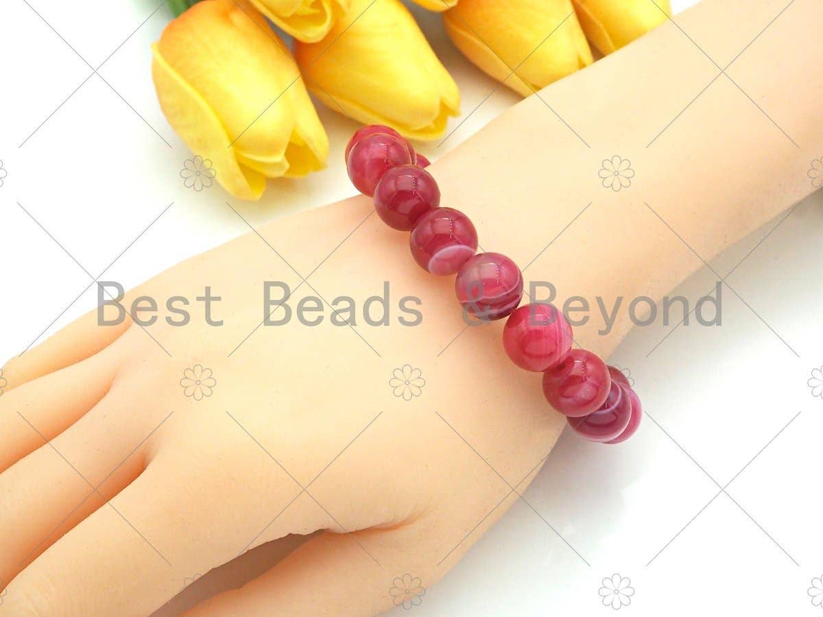 Natural Hot Pink Banded Agate Stretchy Bracelet. Sku#EF13