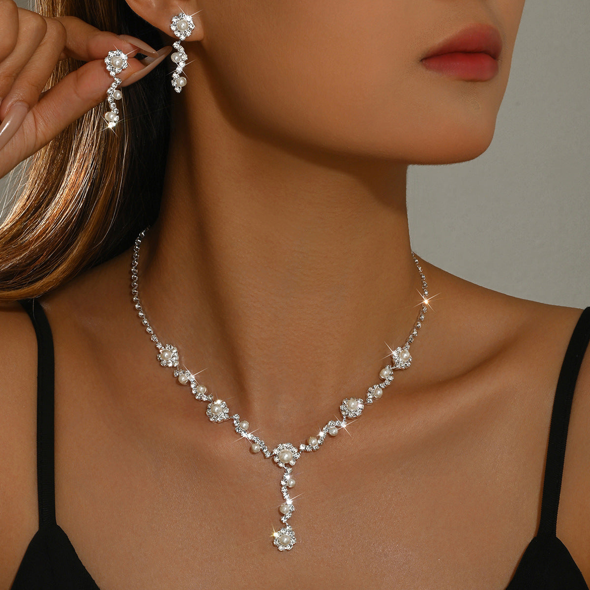 Womens Elegant European Style 2 Pcs Pearl Jewelry Set,Necklace And Matching Accessories For Daily Party Wear