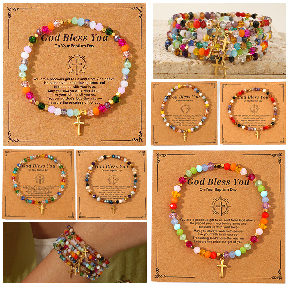 Natural Stone Colorful Cross Holiday Card Bracelet