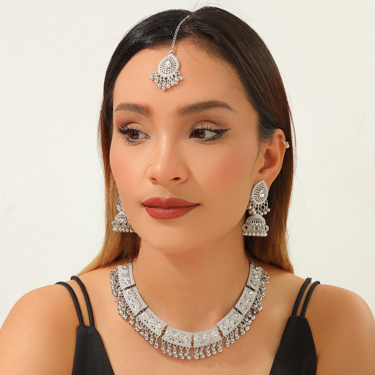 Bohemian Vintage Statement Necklace Earring Set, Ethnic Style Rhinestone Inlaid Jewelry Set For Women Party Festival Cosplay Outfit