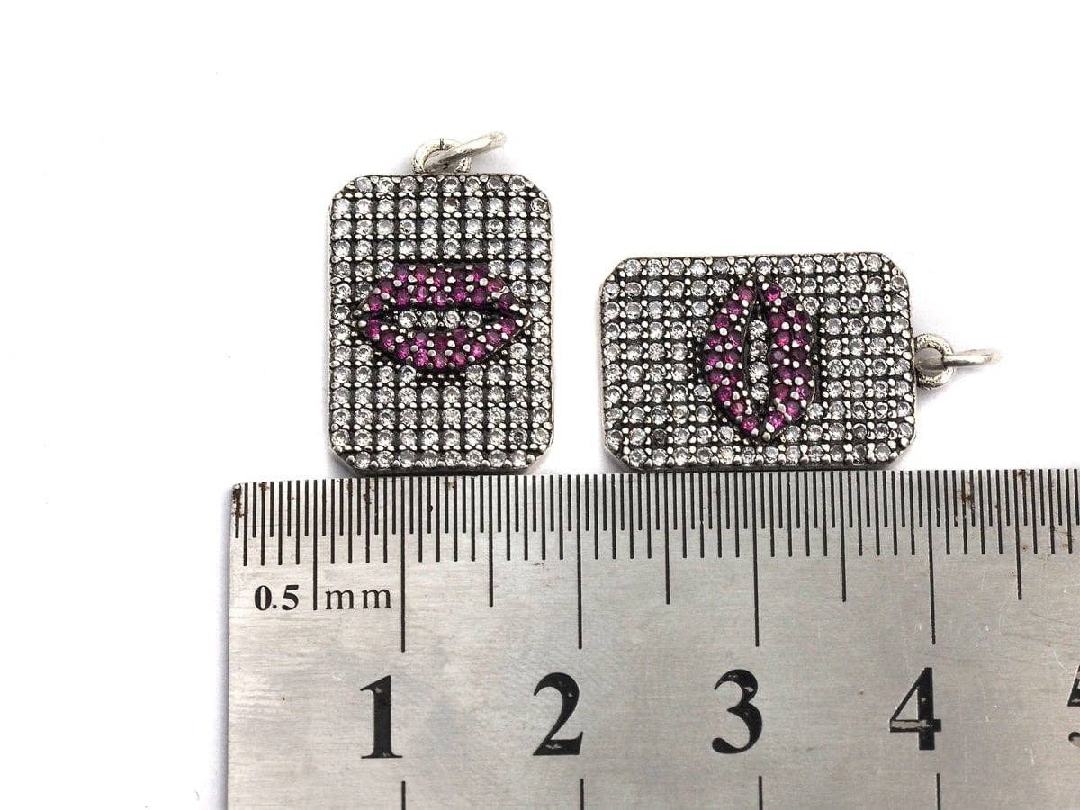 Antique Finish CZ Micro Pave Rectangle With Lip Pendant, Clear Cubic Zirconia Pave Rectangle Charm Pendant, 13x20mm,sku#F996C