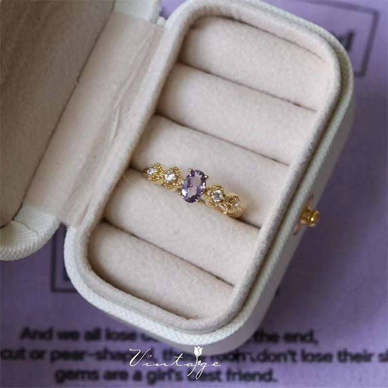 French Vintage Olive Purple Zircon Open Ring, Elegant Light Luxury Niche High-End Jewelry For Women