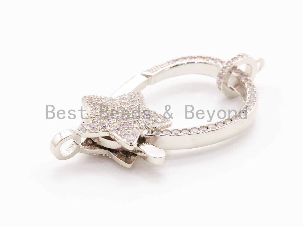 CZ Micro Pave Star Lobster Claw Clasp, Cubic Zirconia Clasp, Gold/Silver/Rose Gold/Black, 20x37mm, sku#H52