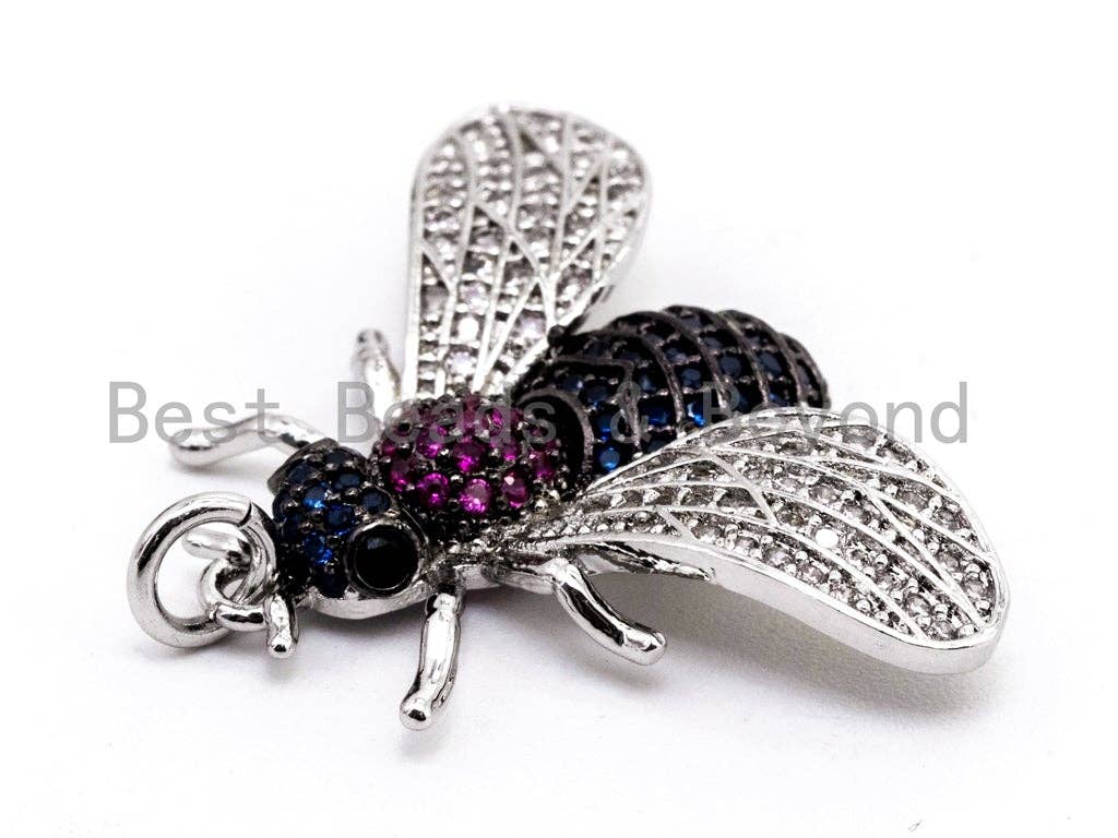 BEE Inspired Charm, CZ Micro Pave Multi Color Insect Pendant, Cubic Zirconia Pendant,Gold/Rose Gold/Silver/Black,21x29x5mm,SKU#F454