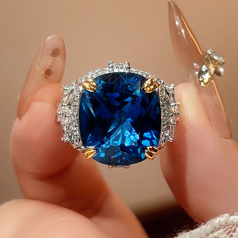 2026 New Zircon Ring For Women, Rectangular Simulated Sapphire & Paraiba Tourmaline, High-End Luxury Jewelry
