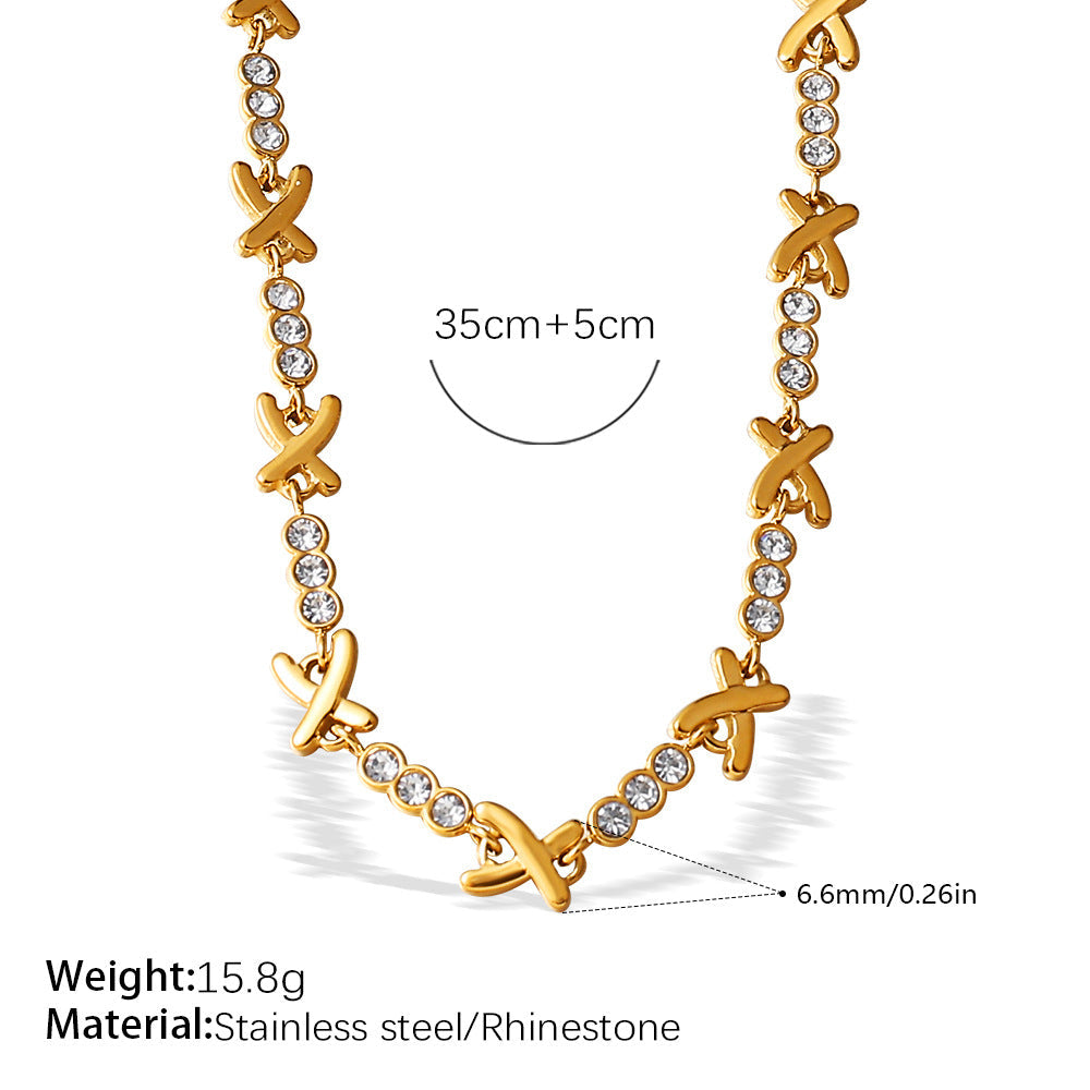 X-shaped Diamond-studded Necklace Set For Ladies - Luxurious And High-end, Featuring A Sparkling Array Of Diamonds And A Stainless Steel Bracelet Accessory.