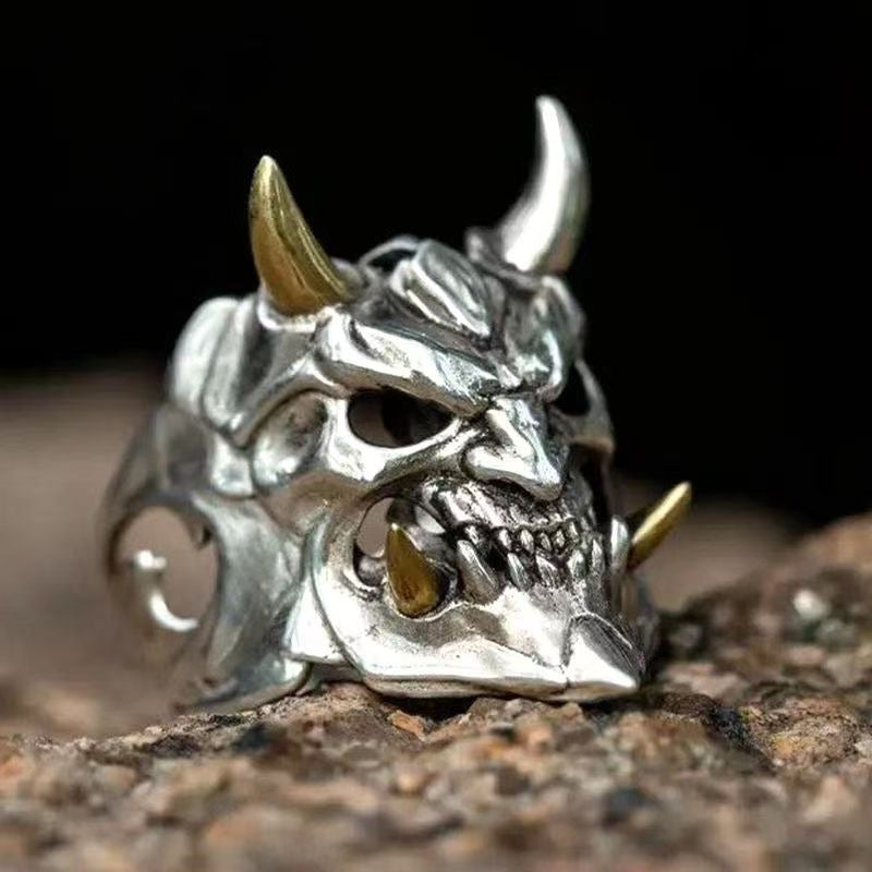 Vintage Silver Oni Hannya Mask Ring, Gold Horns Demon Skull Adjustable Band, Gothic Punk Biker Ring For Men
