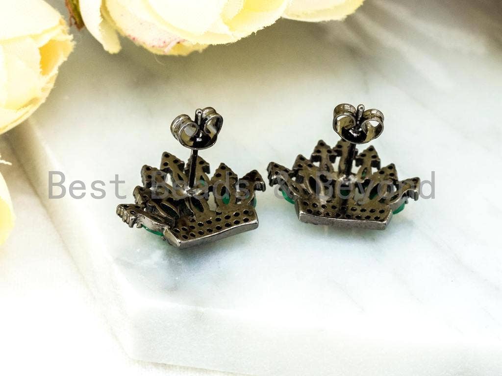 CZ Micro Pave Emerald Silver Crown Ear Studs, Crown Earrings, Bridesmaid Earrings, Wedding Earring, 20x21mm,1pair, sku#O52