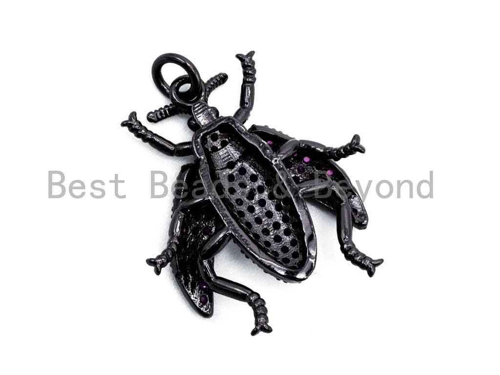 BEETLE Inspired Charm, CZ Micro Pave Fuchsia Insect Pendant, Cubic Zirconia Pendant,Gold/Rose Gold/Silver/Black,23x25x6mm,SKU#F455