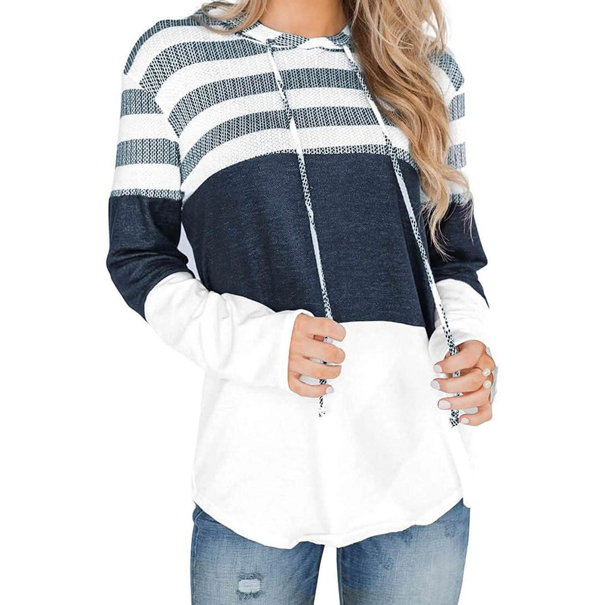 Actloe Women Long Sleeve Striped Color Block Casual Hoodies