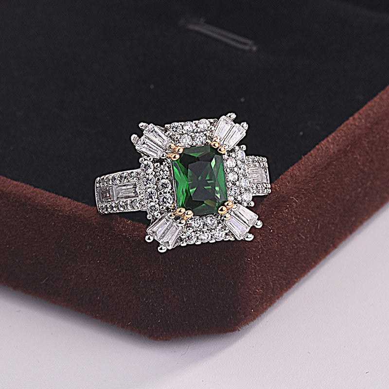 Square Princess Ring With Simulated Emerald Zircon, Micro Pave Full Stone Engagement Band