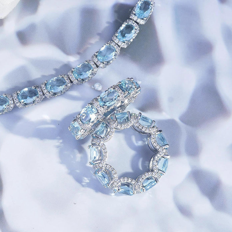 Oval Aquamarine Halo Tennis Bracelet, Luxury Blue Gem Bracelet For Women