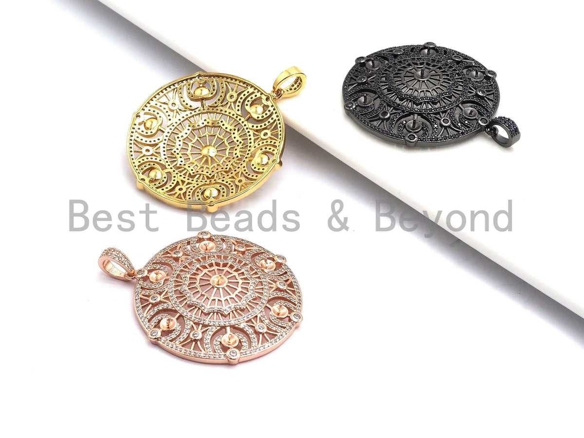 CZ Micro Pave Round Filigree Flower Pendant/Charm, Cubic Zirconia Paved Charm, Necklace Bracelet Focal Pendant, 42x46mm,sku#F632C