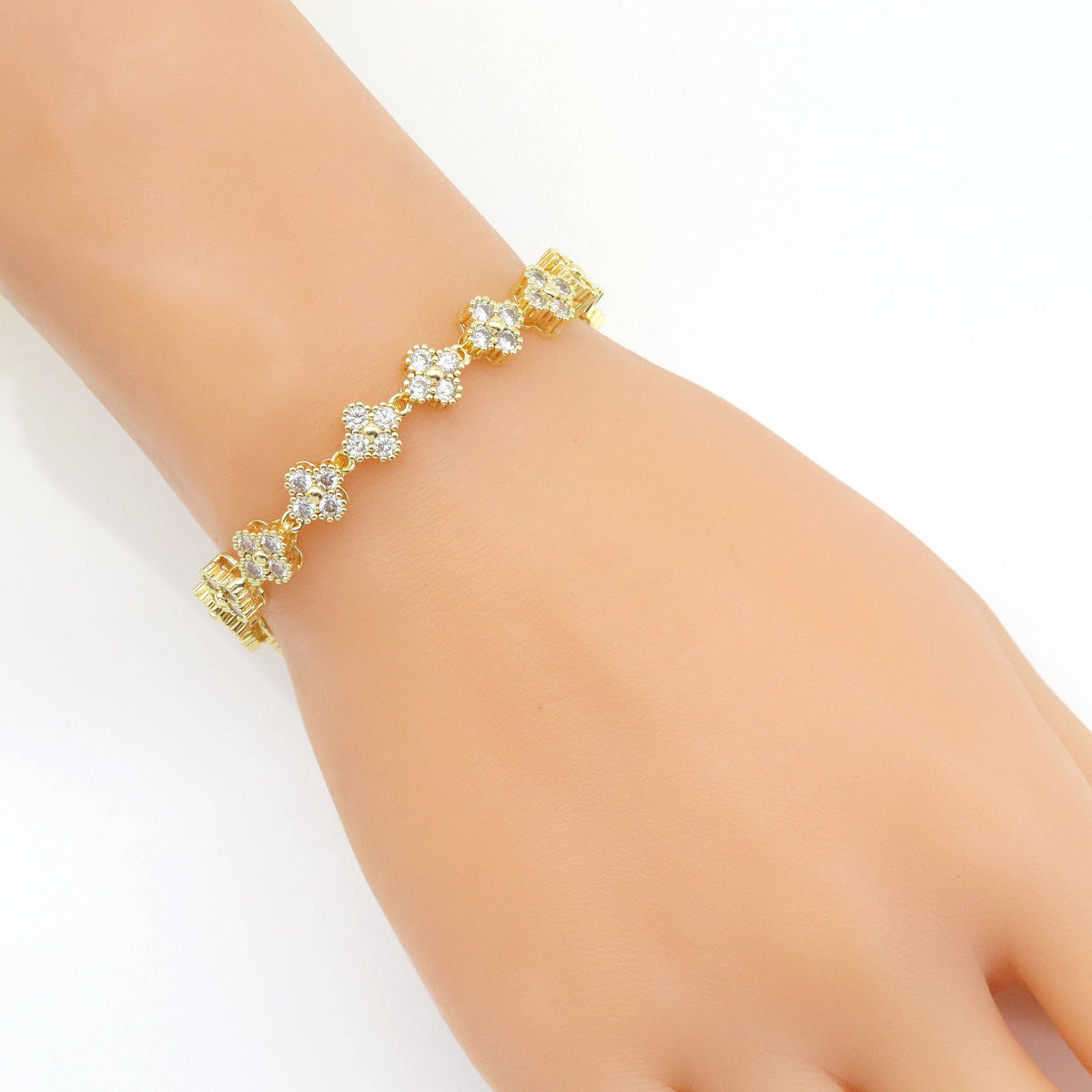 Clear CZ  CloverFlower Link Gold Silver Adjustable Bracelet, Sku#A228