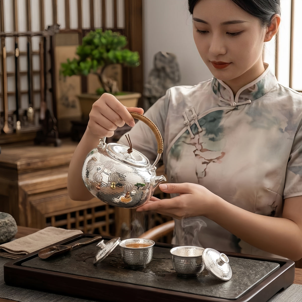 Pure 999 Fine Silver Handcrafted Hammered Silver Teapot with Gourd Vine Relief and Rattan Handle - Handicraft