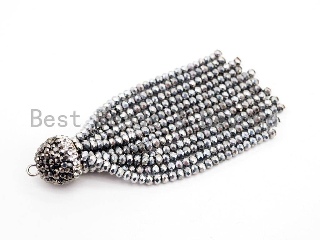 Crystal Beaded Tassel Pendants,Glass Crystal Beads,Pave CZ Rhinestone Cap, Tassel Necklace Enhancer, 3'' long, Sku#B82