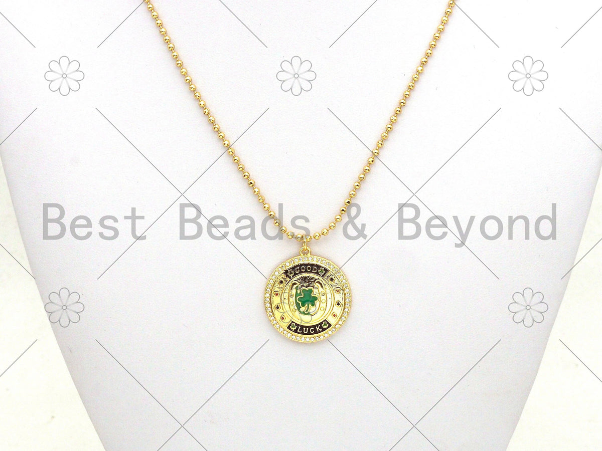 CZ Micro Pave Green Enamel Leaf  On Round Medallion Shape Pendant,18K Gold Filled Good Luck Charm, Necklace Bracelet Charm,25x28mm,Sku#LK380