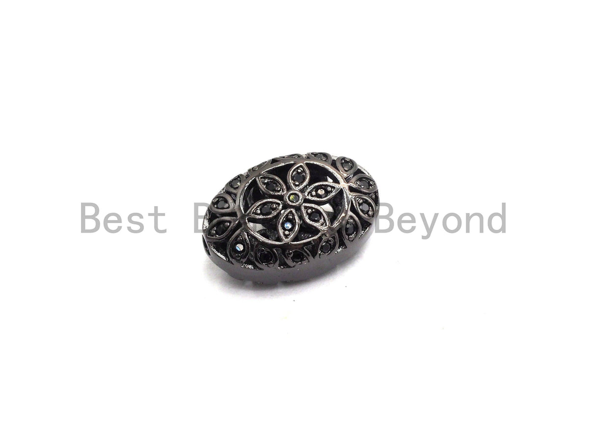 Black CZ Pave On Black  Micro Pave Oval Spacer Beads with Flower Pattern, Black CZ Pave Beads for Bracelet/Necklace, 12x17mm, sku#G416