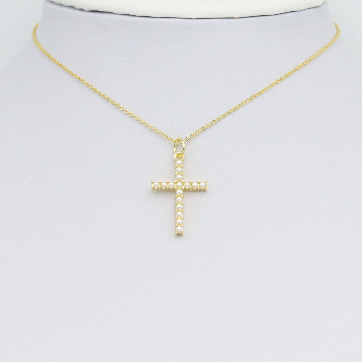White Pearl Gold Silver Cross Shape Charm Pendant, Sku#LX740