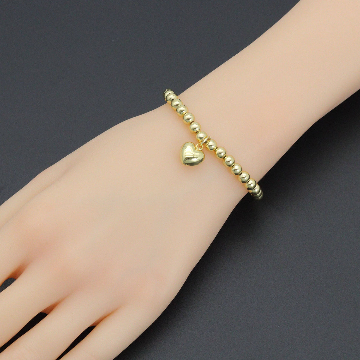 Gold Hematite Ball Beads with Puffy heart stretchy Bracelet, Sku#L726
