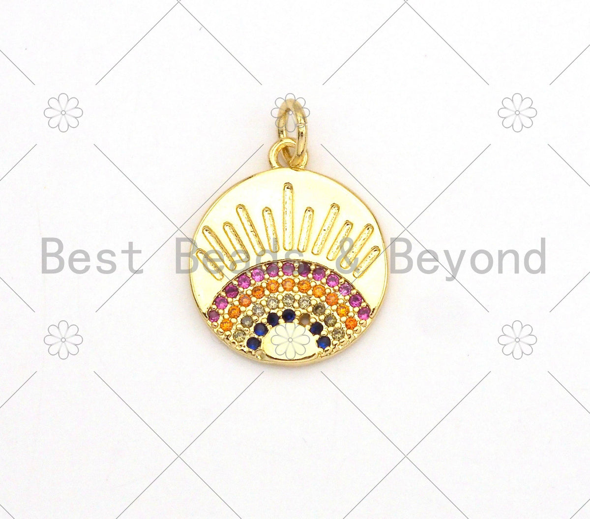 Colorful CZ Micro Pave Rainbow On Round Coin Shape Pendant,18K Gold Filled Medallion Charm, Necklace Bracelet Pendant,14x17mm,Sku#LK375