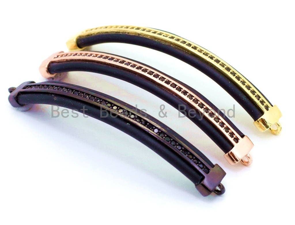 CZ Micro Pave Rectangular Curved Bar with Black Crystal for Bracelet/Necklace, Cubic Zirconia Separator Bar/Connector Bar,54x7mm,sku#G5