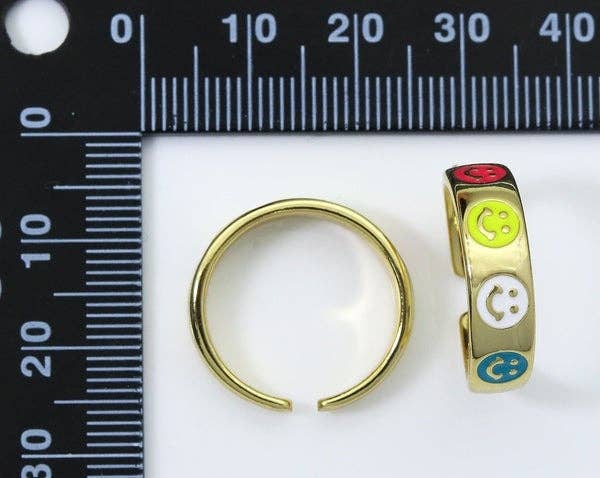Colorful Enamel Smiley Face Adjustable Ring, 18K Gold Filled Open Ring, Enamel Open Ring, Statement Ring, 20x7mm,Sku#LD152
