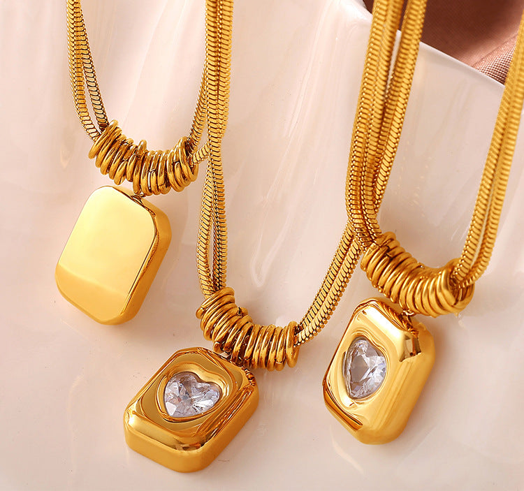 Diamond-studded Heart-shaped Snake Bone Chain Stainless Steel Necklace For Women - Luxurious And High-end, Double-layered And Stackable, Perfect For All Occasions.