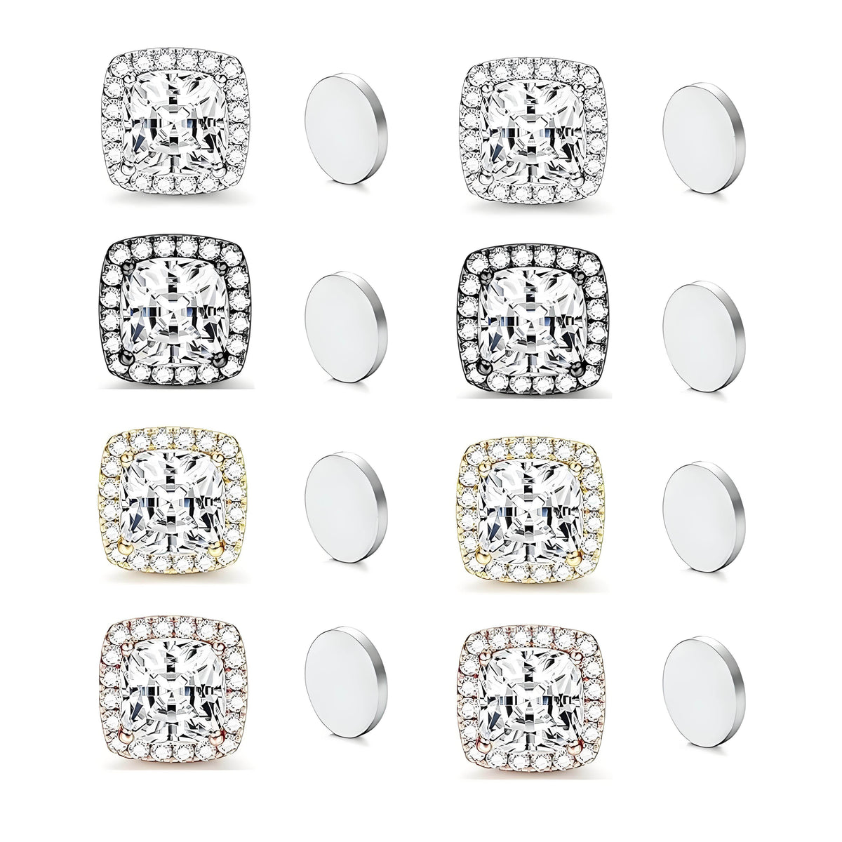 Magnetic CZ Square Halo Stud Earrings for Men Women, Non-Piercing Clip On Studs, Square Cubic Zirconia Stainless Steel