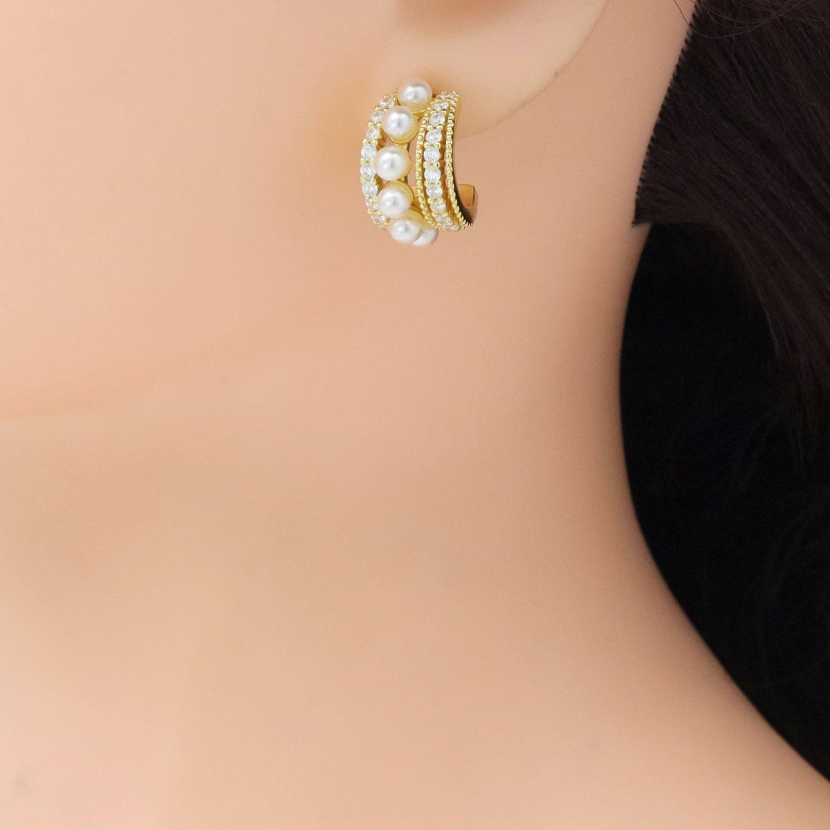 Gold Silver CZ Pave Pearl Middle Line Huggie Earrings, Sku#ML78