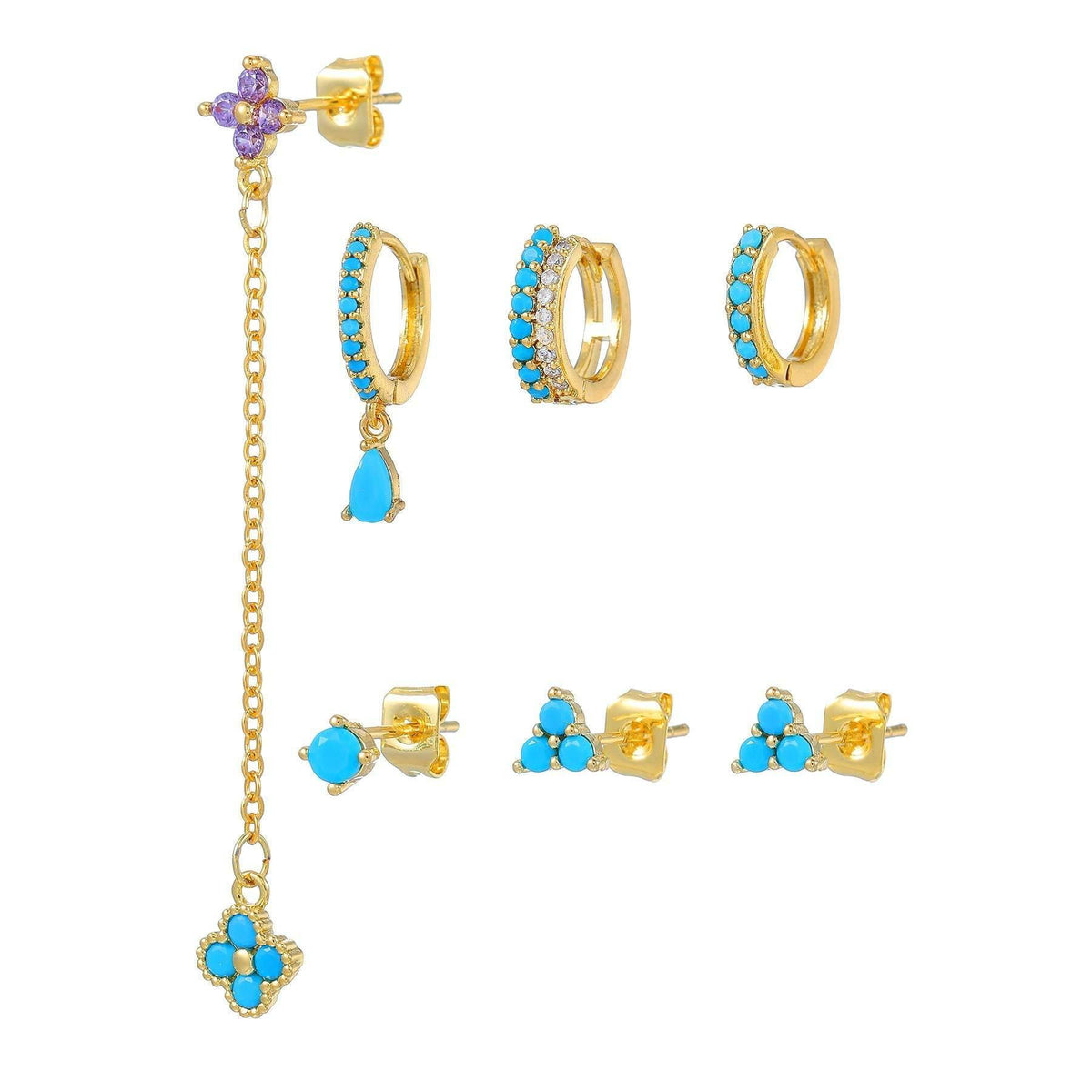 Multi Sets of Blue Flower Pierced Earrings, 4-6pcs, 18k Gold Plated Stud Drop Hoop Huggie Cuff Chain, S925 Needle