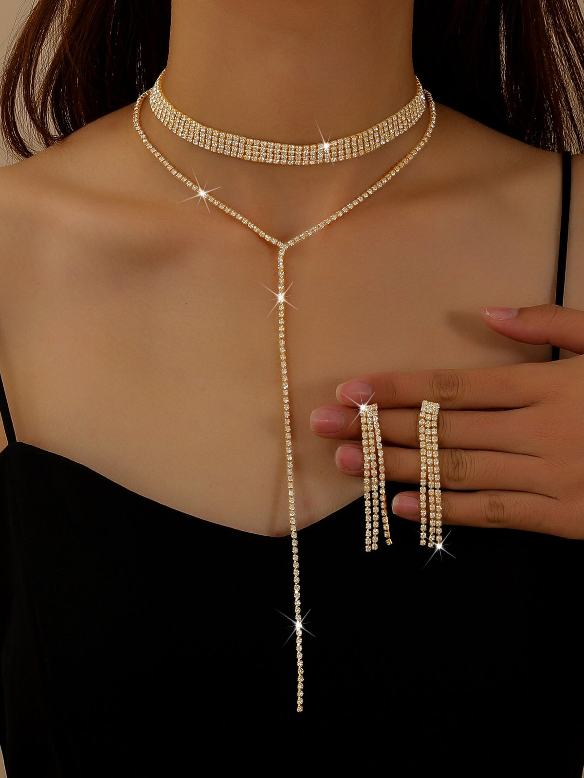 Winter New Design Bohemian Style Y-Shaped Rhinestone Inlaid Multi-Layer Necklace Three-Row Earrings Jewelry Set Chain