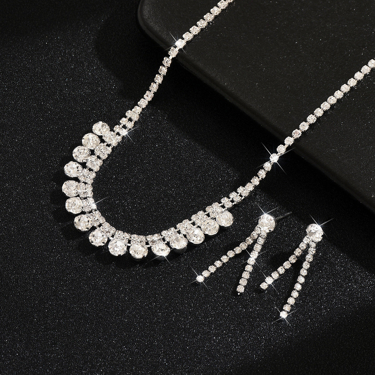Womens Glamorous Bridal 2 Pcs Rhinestone Set,Silver Tone Graduated Round Stone Choker And Double Row Tassel Earrings For Wedding Party Wear