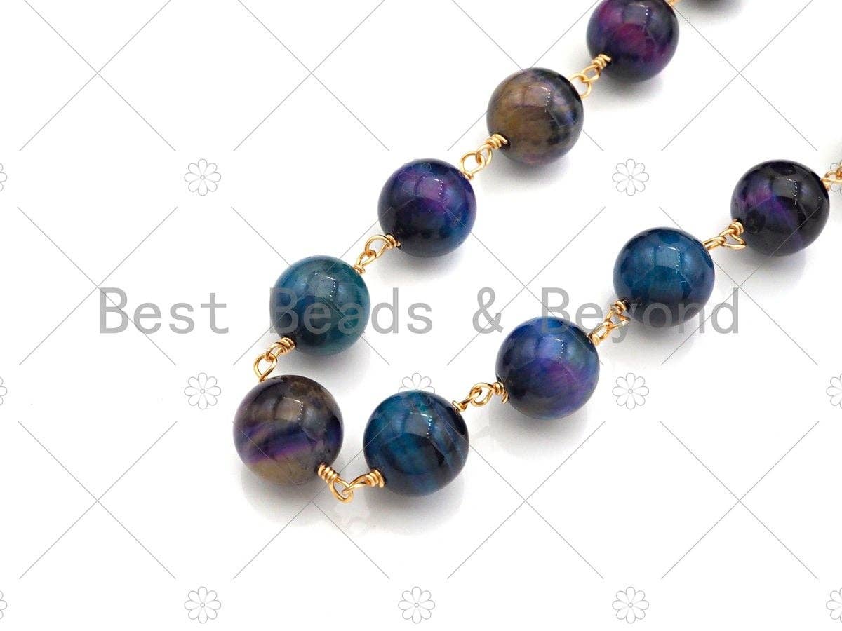 Galaxy/Teal Blue/Pruple High Quality Tiger Eye Rosary Chain, 10mm Beaded Chain, Wire Wrapped Gold Chain,Sku#V85