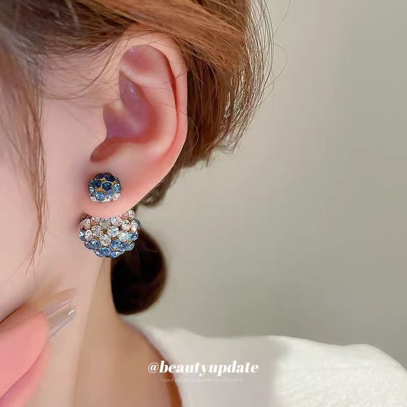 Silver Needle Diamond Round Earrings, Dual-Wear Front & Back, Korean Light Luxury Studs
