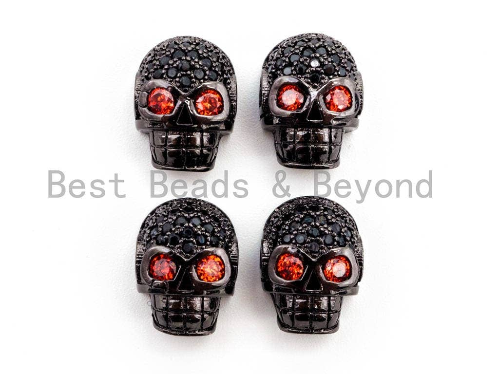 CZ Red Eye Skull Black CZ Pave On Black Micro Pave Beads, Cubic Zirconia Spacer Beads,12x10x7mm, sku#G316