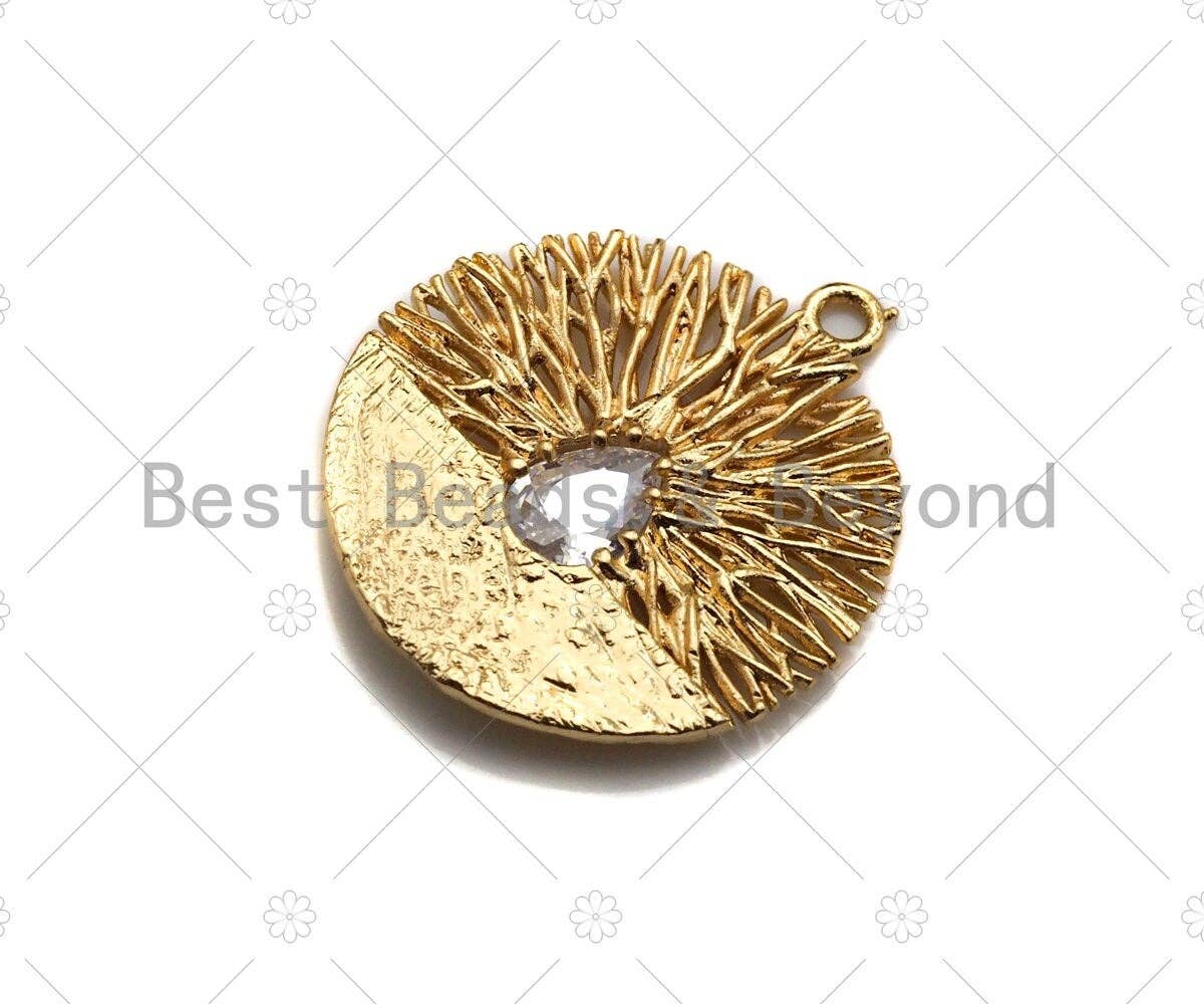 Filigree Round Gold Lacy Charm with Centered Colored Gemstone, Brushed Gold Charm, Twisted Wire Pendant, 19mm, sku#CP15