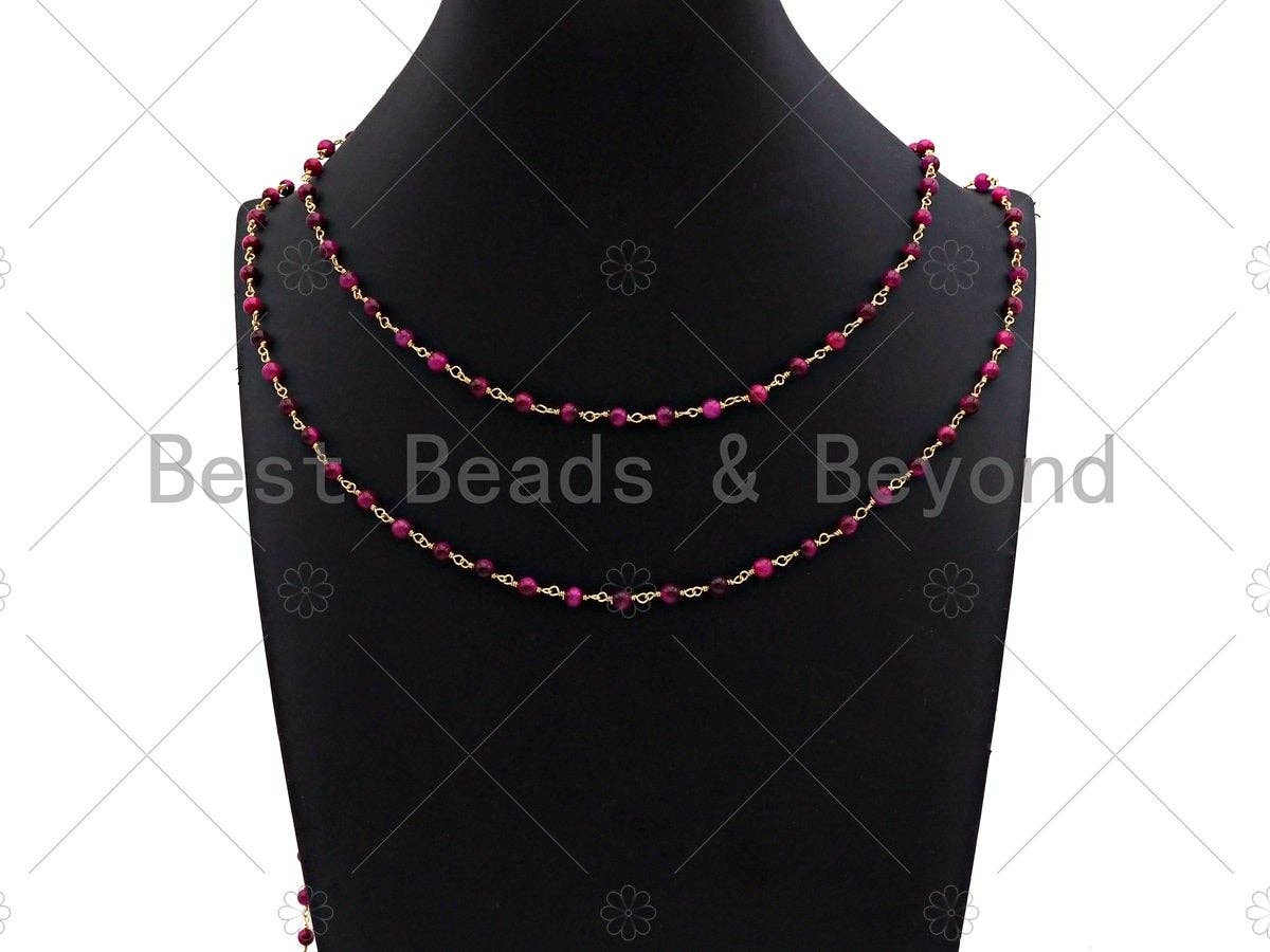 Galaxy/Fuchsia/Blue High Quality Tiger Eye Rosary Chain, 4mm Beaded Chain, Wire Wrapped Gold Chain,Sku#V75