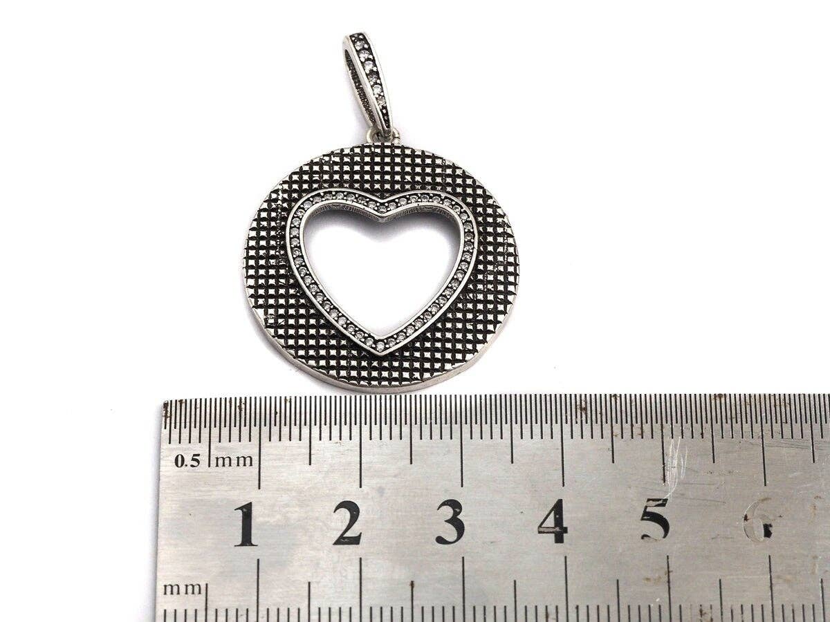 Antique Finish  CZ Micro Pave Hollow Out Heart Pendant, Silver Tone, 28x31mm,sku#F991C